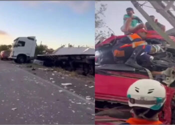Colisão entre carretas na BR-324 deixa um dos motoristas gravemente ferido