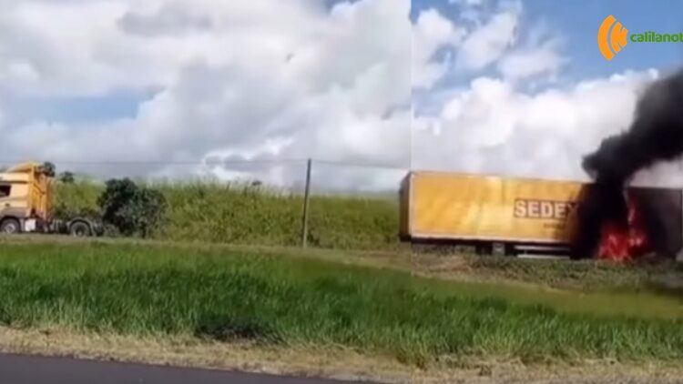 Caminhão dos Correios pega fogo na BR-324 e provoca lentidão na rodovia