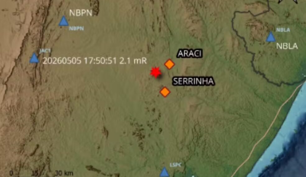 Tremor de terra com magnitude 2,1 é registrado em Serrinha. Não há relatos de moradores que tenham sentido o abalo