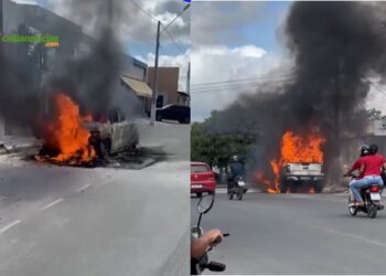 Caminhonete de médico pega fogo e fica destruída no centro da cidade