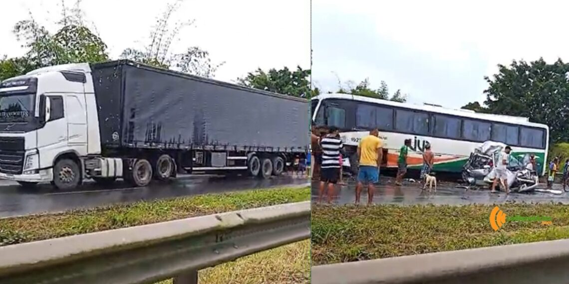 Grave acidente envolvendo ônibus, carreta e carros de passeio deixa trânsito lento na BR-324