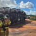 Caminhão-cegonha com carros elétricos pega fogo na BR 101 e interdita rodovia no trecho de Alagoinhas
