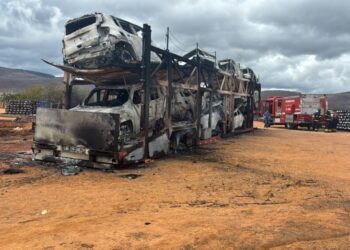 Incêndio em carreta-cegonha destrói 10 veículos na BA-026