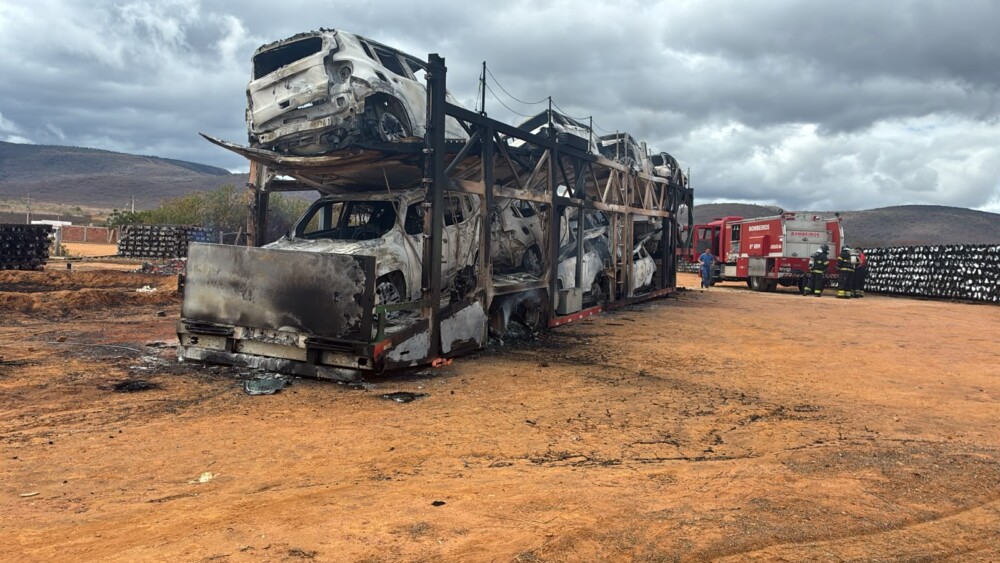 Incêndio em carreta-cegonha destrói 10 veículos na BA-026