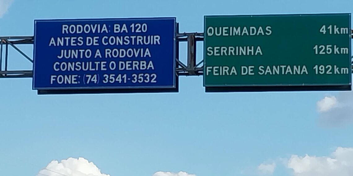 Placa na BA-120 mantém há anos distâncias erradas entre Cansanção, Serrinha e Feira de Santana