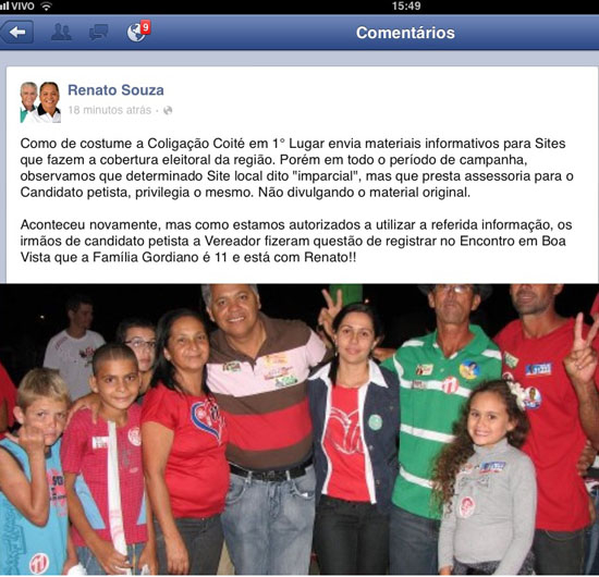 Facebook do candidato Renato agora ataca o Calila