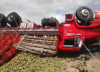 Caminhão carregado de frutas tomba no contorno de Feira de Santana