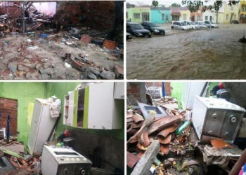 Senhor do Bonfim – chuva forte provoca alagamentos e derruba casa