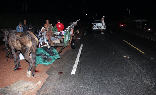 Flagrante: Saveiro bate em carroça com quatro ocupantes; só o burro ficou ferido