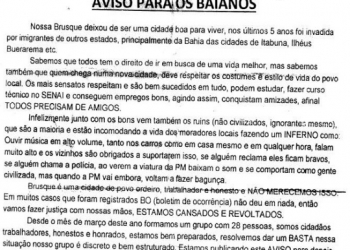 Carta ameaçando baianos que vivem em cidade de Santa Catarina é divulgada