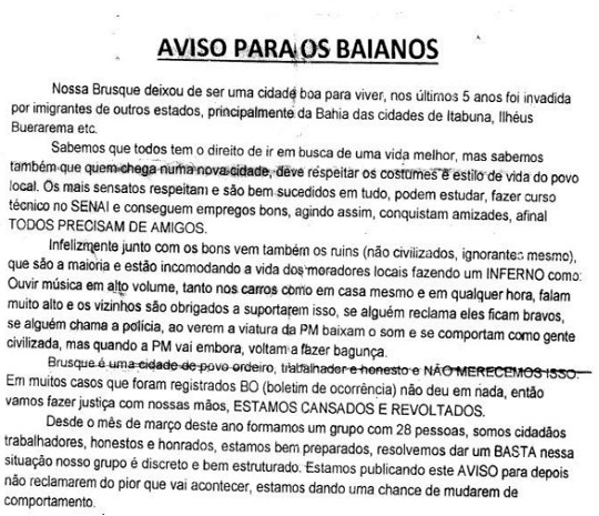 Carta ameaçando baianos que vivem em cidade de Santa Catarina é divulgada