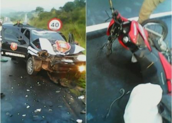 Acidente envolvendo carro de empresa de segurança e moto deixa policial militar ferido