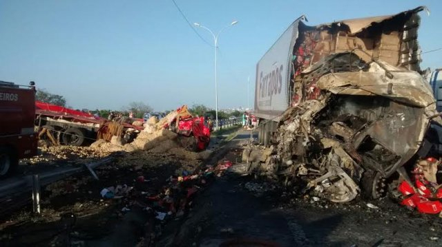 Caminhão-baú pega fogo após batida e motorista morre na BR-116 Sul