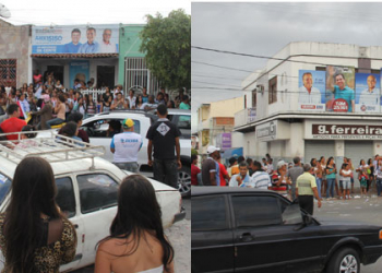 Eleitores se aglomeram próximos aos comitês de Tom e Alex em Coité para aguardarem a apuração