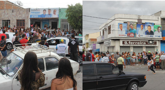 Eleitores se aglomeram próximos aos comitês de Tom e Alex em Coité para aguardarem a apuração
