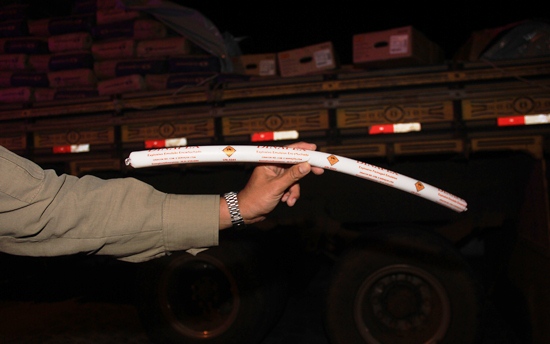 Policial apresenta uma banana de dinamite que é usada nas pedreiras, garimpos e também na explosão de caixas eletrônicos.