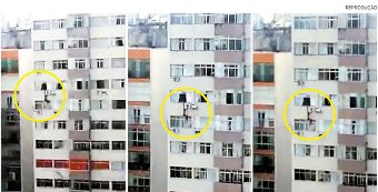 Vídeo mostra quando arrombador se pendura em prédio e cai do 7º andar
