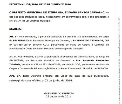 Publicação onde cita a secretária