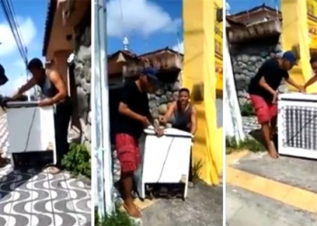 RN: PMs obrigam homens a devolver freezer roubado de loja; veja vídeo