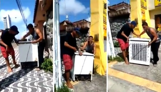 RN: PMs obrigam homens a devolver freezer roubado de loja; veja vídeo