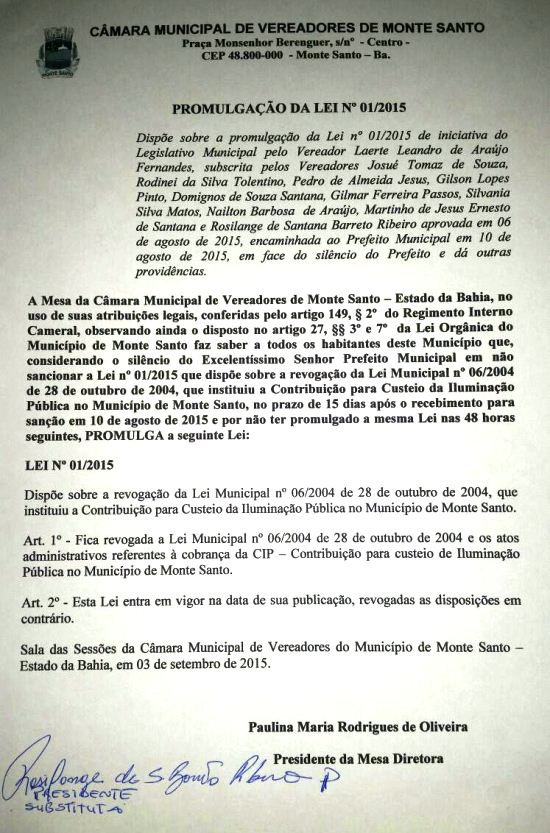 Câmara sanciona lei e acaba com o Custeio da Iluminação Pública – CIP