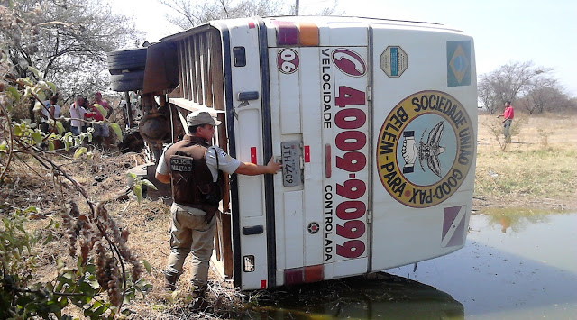 Ônibus de turismo tomba no leito de uma lagoa na BR 407, em Filadélfia