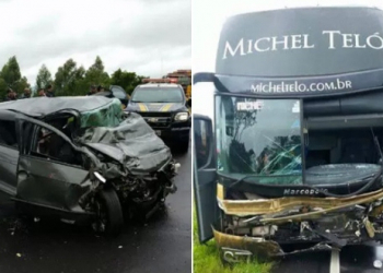 PR: ônibus da banda de Michel Teló bate de frente com carro e três pessoas morrem