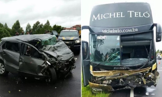 PR: ônibus da banda de Michel Teló bate de frente com carro e três pessoas morrem