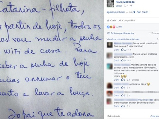 Pai corta wi-fi até que filha arrume o quarto e lave a louça e bilhete viraliz