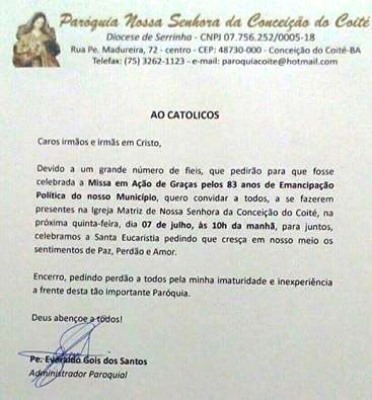 padre everaldo divulga nota