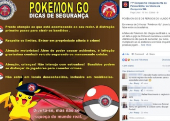 Post da PM faz alerta sobre assaltos para usuários de Pokémon Go