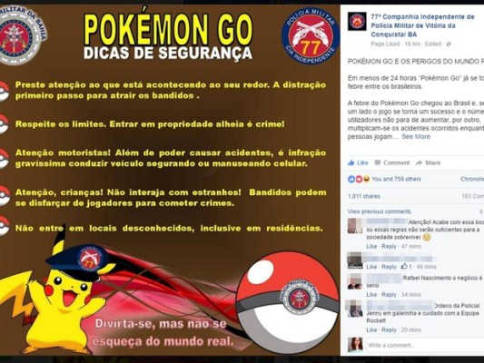 Post da PM faz alerta sobre assaltos para usuários de Pokémon Go