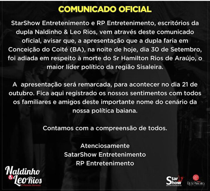 Morte de Hamilton Rios faz produção do Arrocha Vip adiar festa