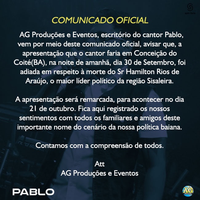Morte de Hamilton Rios faz produção do Arrocha Vip adiar festa