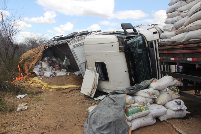 Caminhão depois de desviar de buracos tombou no acostamento | Foto: Raimundo Mascarenhas