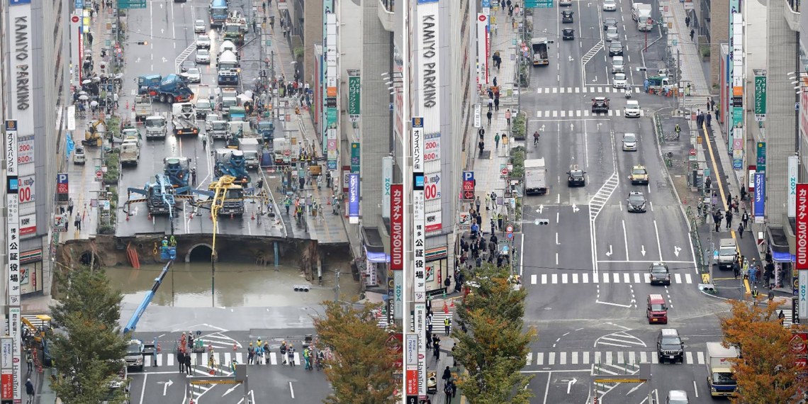 Cratera imensa em via no Japão é consertada em uma semana