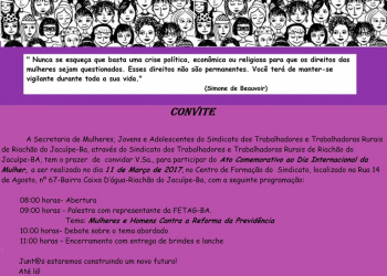 Dia da Mulher em Riachão do Jacuípe será comemorado no próximo sábado (11) pelo STTR