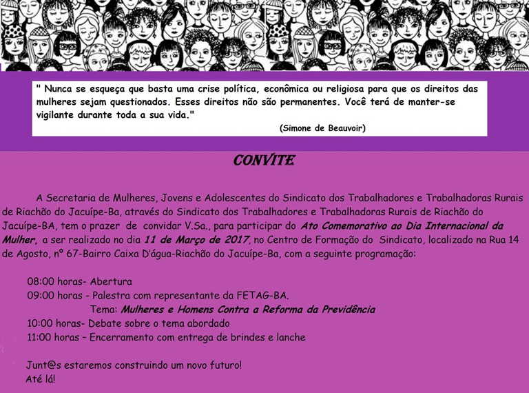 Dia da Mulher em Riachão do Jacuípe será comemorado no próximo sábado (11) pelo STTR
