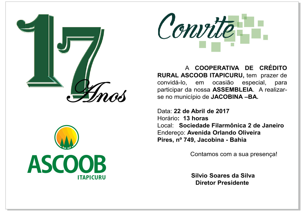 ASCOOB Itapicuru realiza Assembleia Geral neste sábado em Jacobina com sorteio de valiosos premios