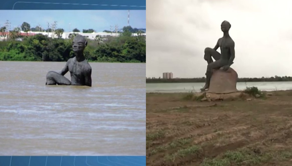 Com seca, escultura de 12 metros de altura que ficava sob a água aparece em banco de areia no Rio São Francisco