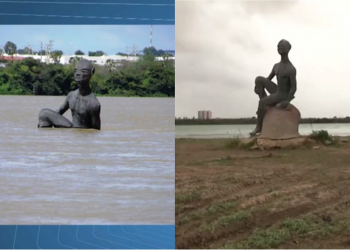 Com seca, escultura de 12 metros de altura que ficava sob a água aparece em banco de areia no Rio São Francisco