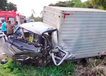 Motorista de caminhão-baú morre após batida frontal com carro na BR-415, no sul da Bahia