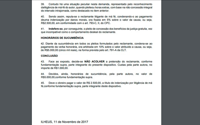 No 1º dia da reforma trabalhista, juiz na Bahia condena funcionário a pagar R$ 8,5 mil por suposta conduta de má-fé