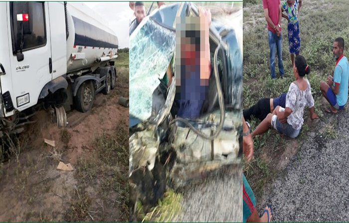 Quixabeira: casal fica ferido em colisão envolvendo Strada e caminhão pipa