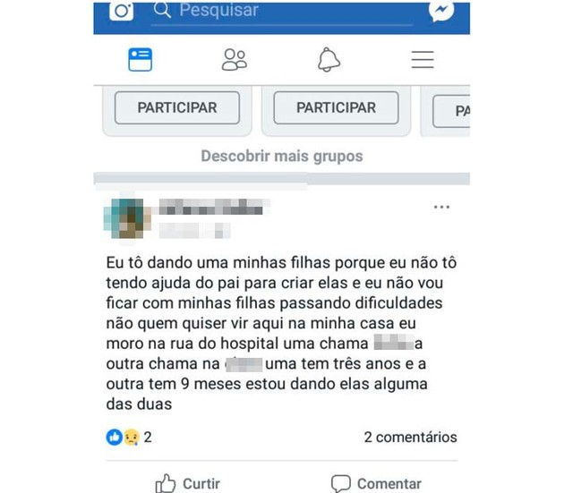 Mulher na BA diz que não tem condições de criar filhas e anuncia doação das crianças nas redes sociais