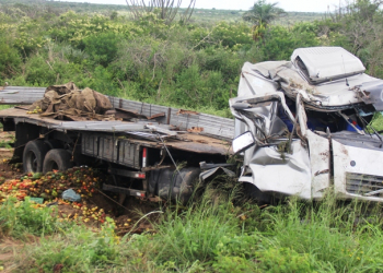 Caminhão carregado de frutas e verduras capota após colidir com carro na BA-120