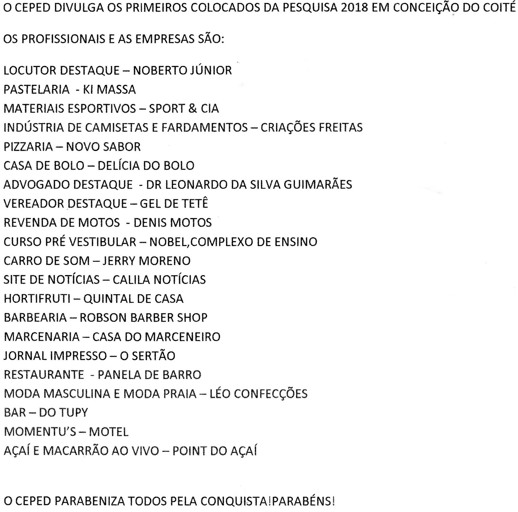 CEPED DIVULGA RELAÇÃO DOS DESTAQUES EM COITÉ 2018