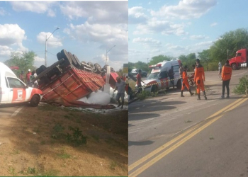Carreta capota na BR 324 e deixa dois feridos sem gravidade