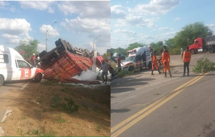 Carreta capota na BR 324 e deixa dois feridos sem gravidade