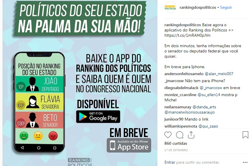 Ranking dos Políticos lança App que ajuda cidadão nas eleições